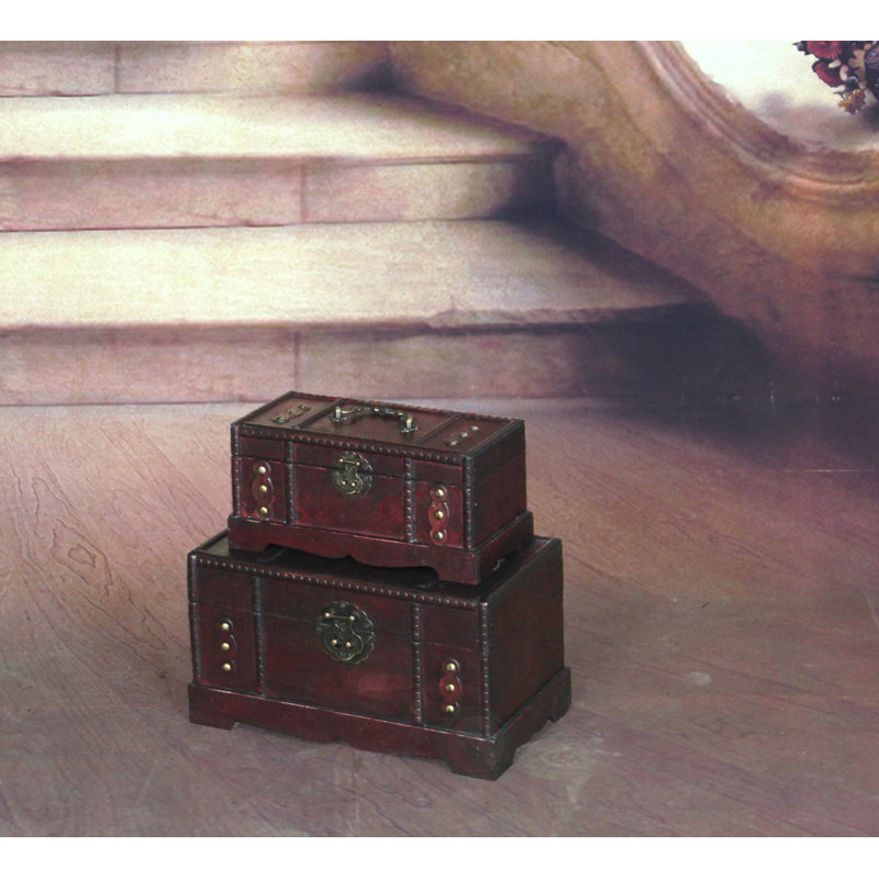 Quickway Imports Antique Wooden Trunk, Old Treasure Trunk (2 Piece Set